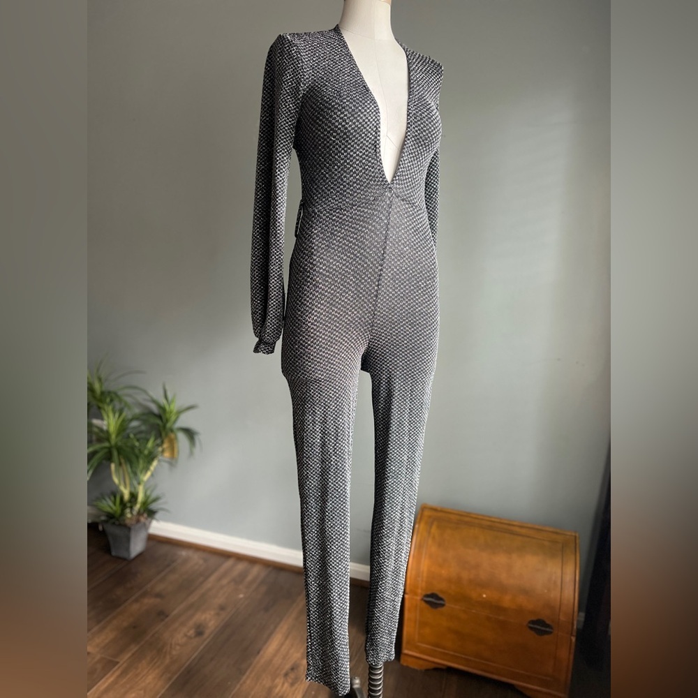 Deep V Black & White Patterned Long-Sleeve Jumpsuit
